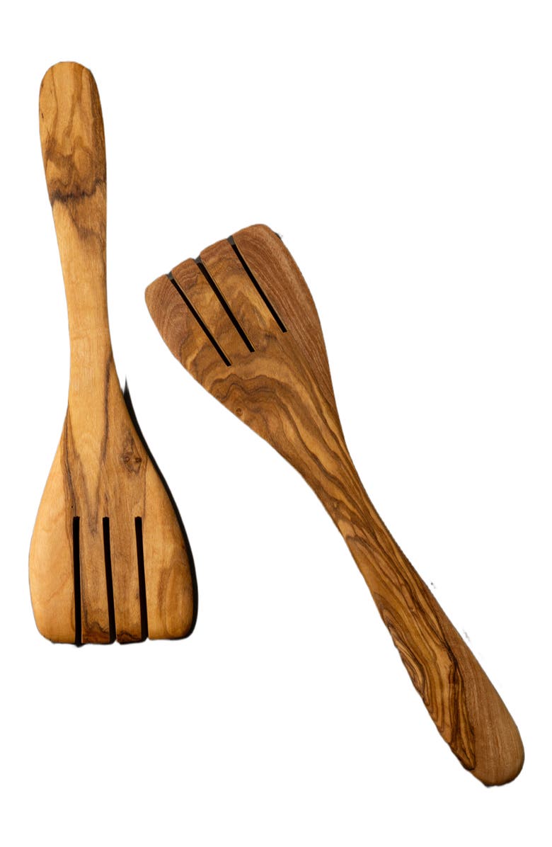 Gharyan Stoneware Olive Wood Serving Spatula Forks - Pair, Alternate, color, Natural