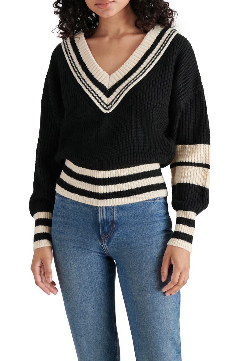Jen Stripe Trim Sweater, Main, color, BLACK