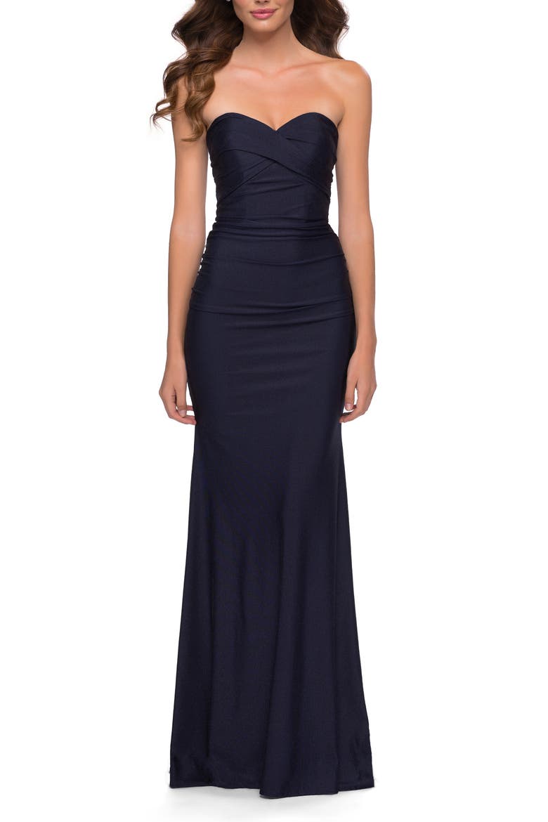 Strapless Jersey Dress with Ruching and Full Back, Main, color, Navy