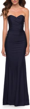 La Femme Strapless Jersey Dress with Ruching and Full Back