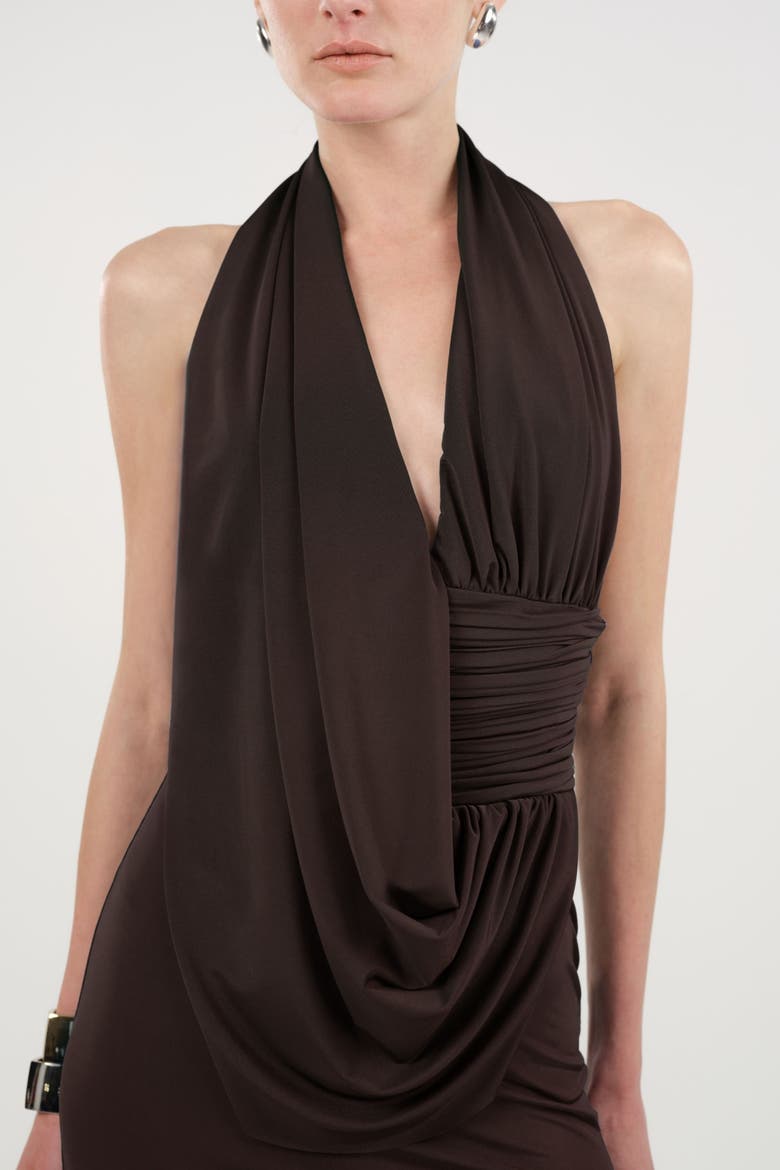 Draped Halter Neck Maxi Dress, Alternate, color, Brown