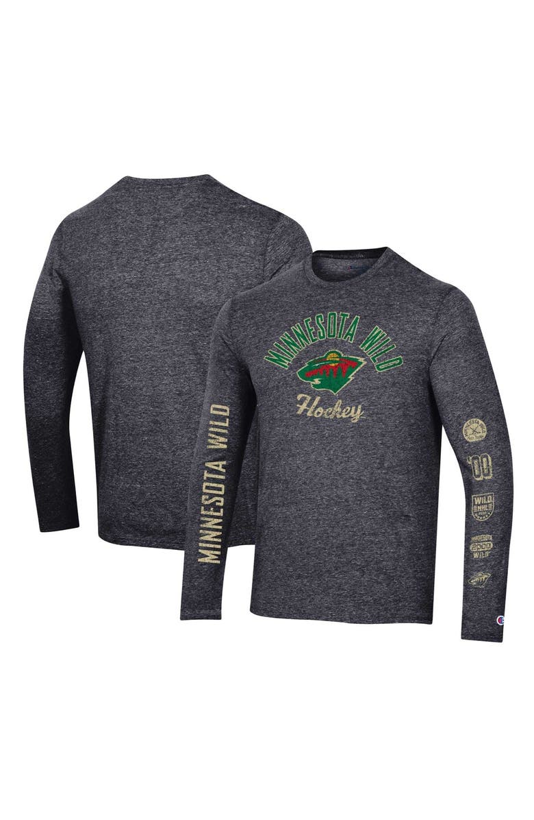 Champion Men's Champion Heather Black Minnesota Wild Multi-Logo Tri-Blend Long Sleeve T-Shirt, Main, color, Heather Black