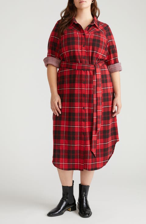Morgan Long Sleeve Stretch Flannel Midi Shirtdress (Plus)
