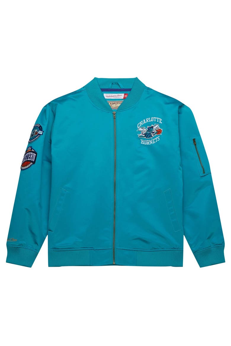 Men's Mitchell & Ness Teal Charlotte Hornets Hardwood Classics Vintage Logo Full-Zip Bomber Jacket, Alternate, color, Teal