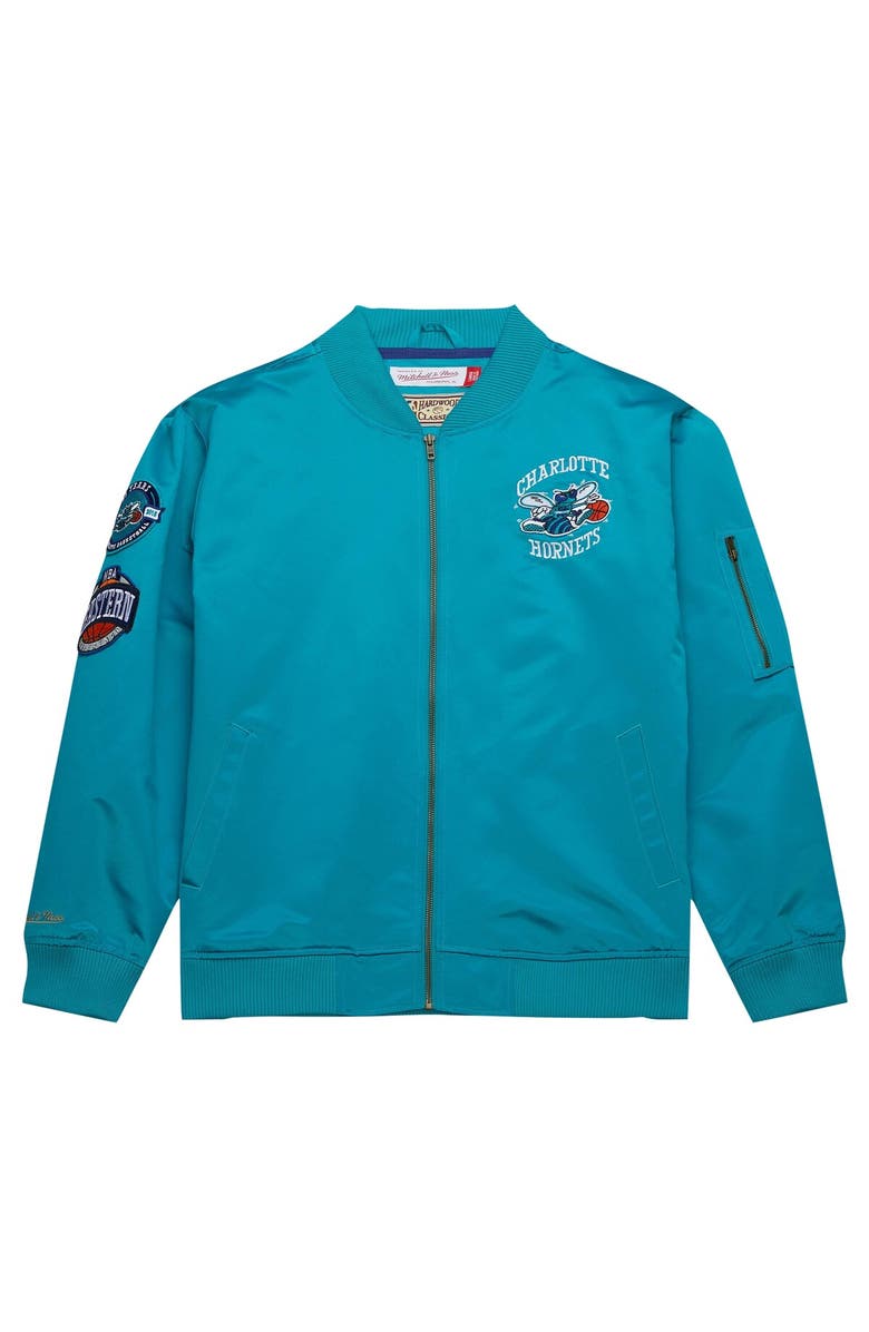 Mitchell & Ness Men's Mitchell & Ness Teal Charlotte Hornets Hardwood Classics Vintage Logo Full-Zip Bomber Jacket, Alternate, color, 