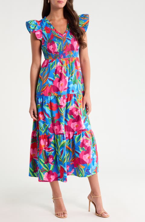Sunfire Floral Tiered Cotton Midi Dress