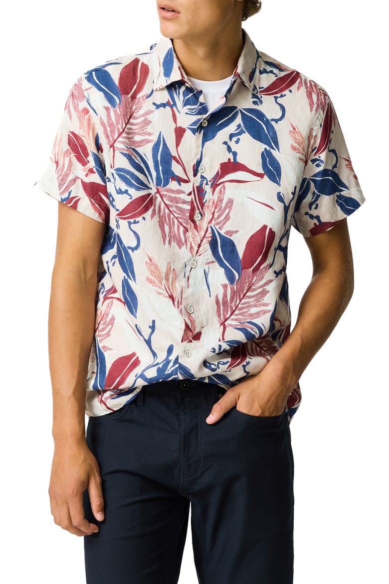 Saltwater Creek Sports Fit Botanic Print Short Sleeve Linen Button-Up Shirt, Main, color, BEIGE
