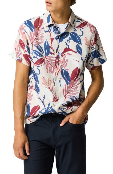 Saltwater Creek Sports Fit Botanic Print Short Sleeve Linen Button-Up Shirt