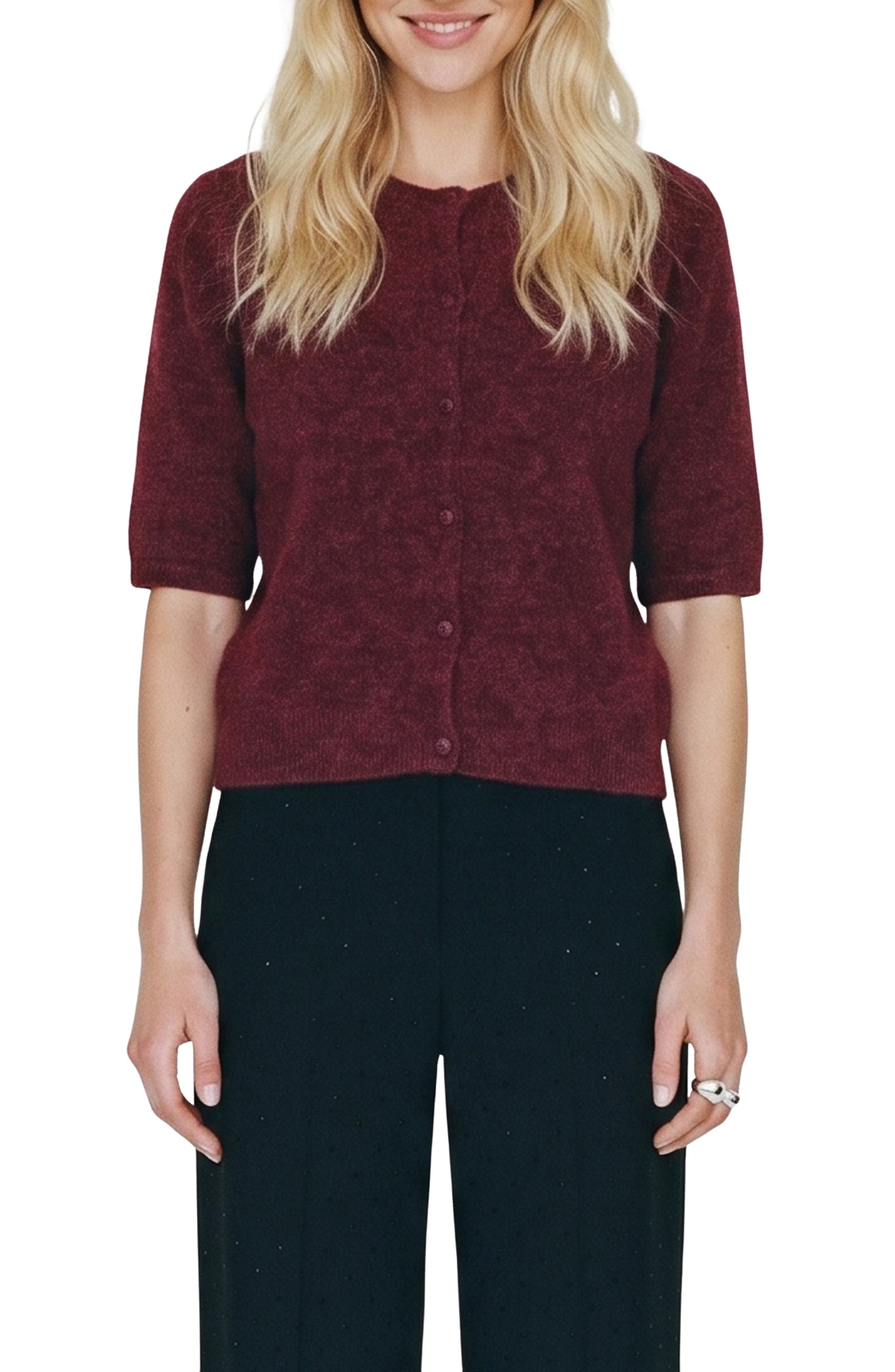Vero Moda Short Sleeve Button Cardigan In Windsor Wine Black Melange
