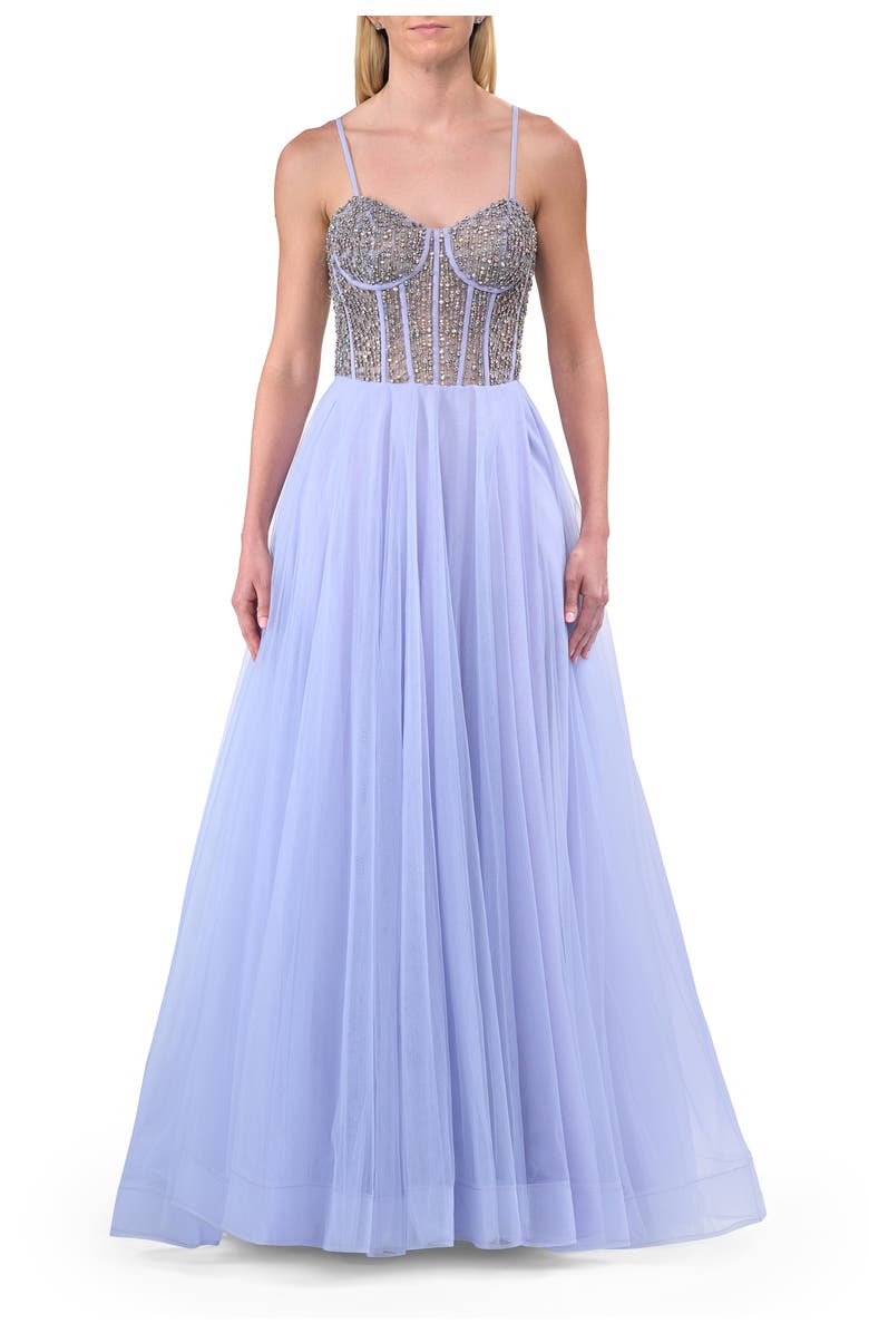 La Femme Rhinestone Embellished Corset with Lace Up Back and Tulle Skirt, Main, color, Light Periwinkle