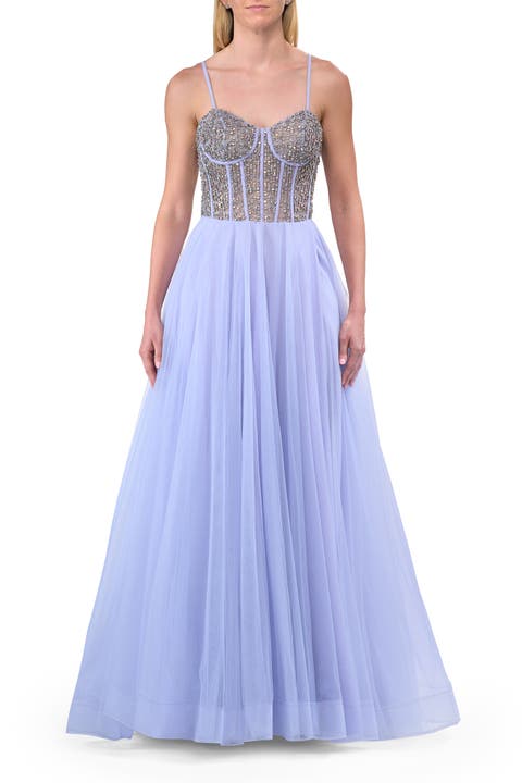 Rhinestone Embellished Corset with Lace Up Back and Tulle Skirt