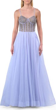 La Femme Rhinestone Embellished Corset with Lace Up Back and Tulle Skirt