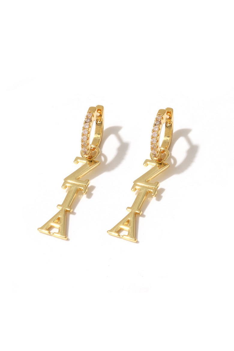 Zeta Tau Alpha Greek Letter Huggie + Charm Earrings, Main, color, Yellow Gold