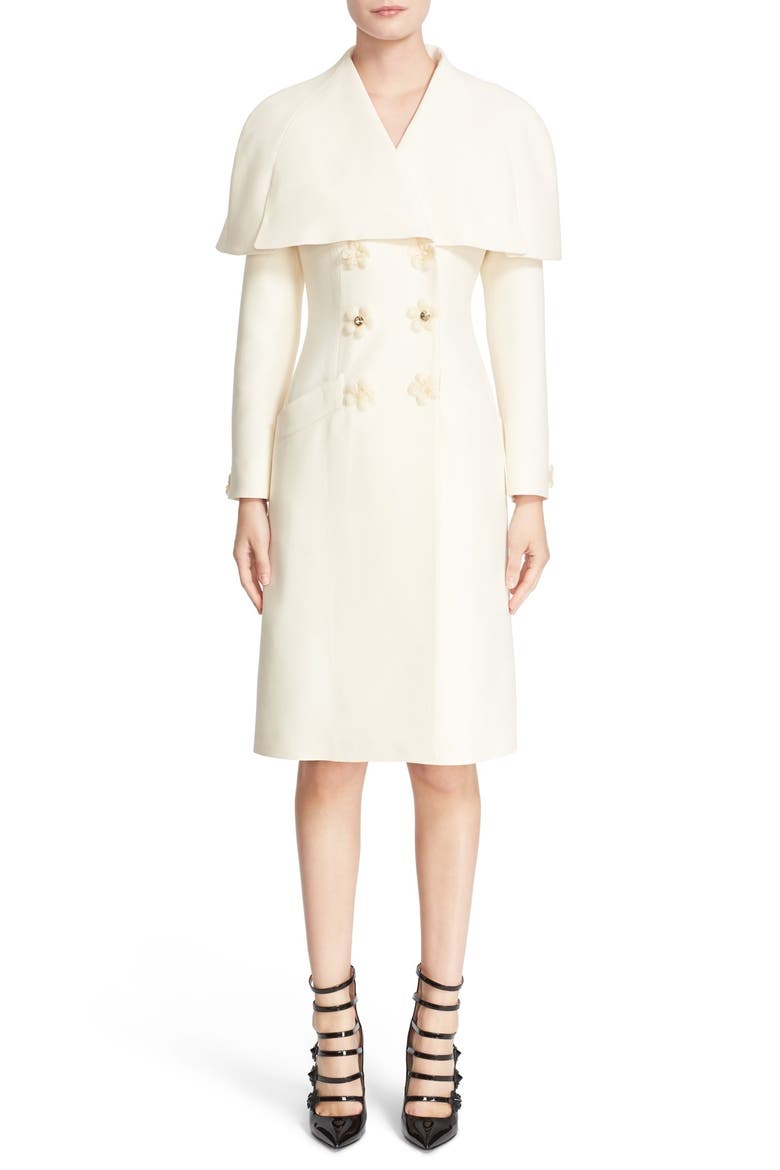 Floral & Crystal Embellished Wool & Silk Gazar Coat, Main, color, WHITE