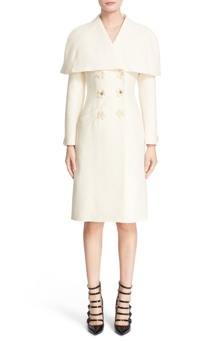 Fendi Floral & Crystal Embellished Wool & Silk Gazar Coat, Main, color, White
