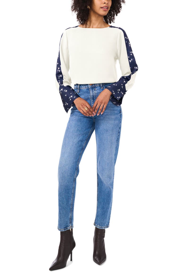 Floral Accent Flare Cuff Top, Alternate, color, NEW IVORY