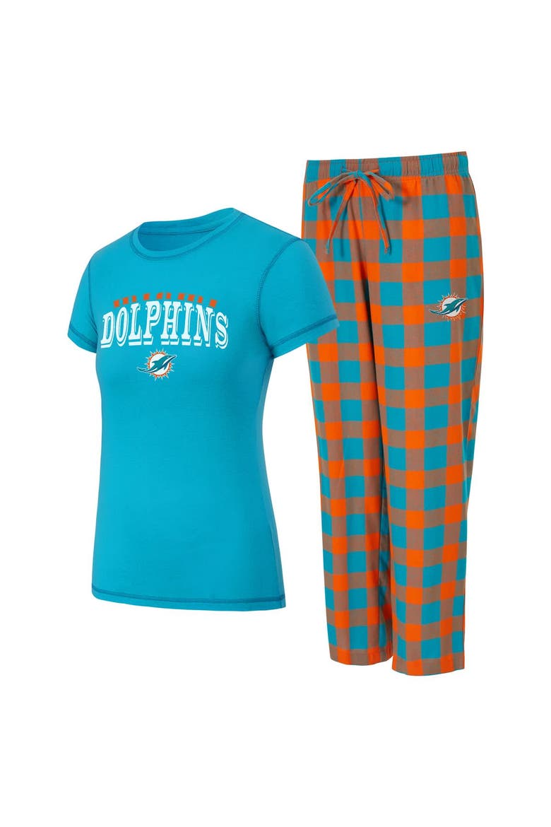 Women's Concepts Sport  Aqua/Orange Miami Dolphins Avondale T-Shirt & Pants Flannel PJ Set, Main, color, Aqua