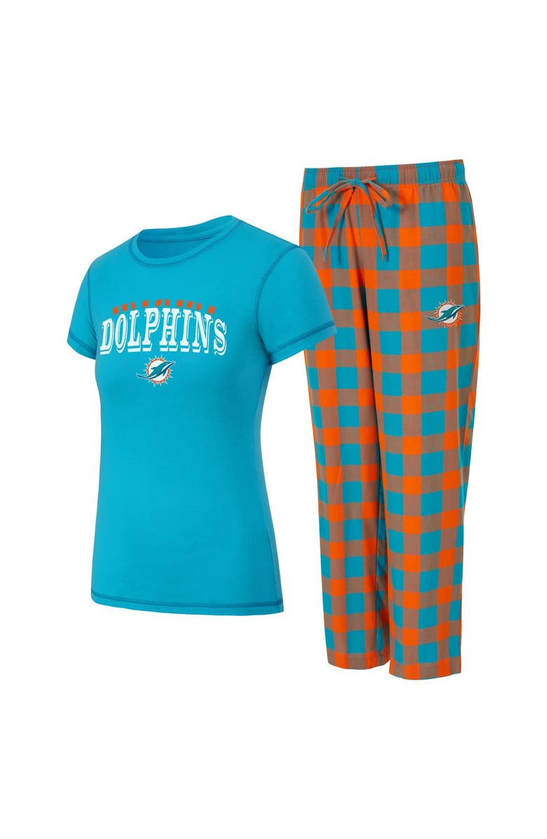 CONCEPTS SPORT Women's Concepts Sport  Aqua/Orange Miami Dolphins Avondale T-Shirt & Pants Flannel PJ Set, Main, color, Aqua