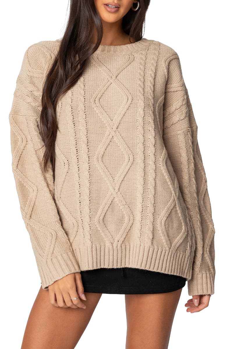 EDIKTED Kennedy Oversize Cable Stitch Sweater Tunic, Main, color, Beige