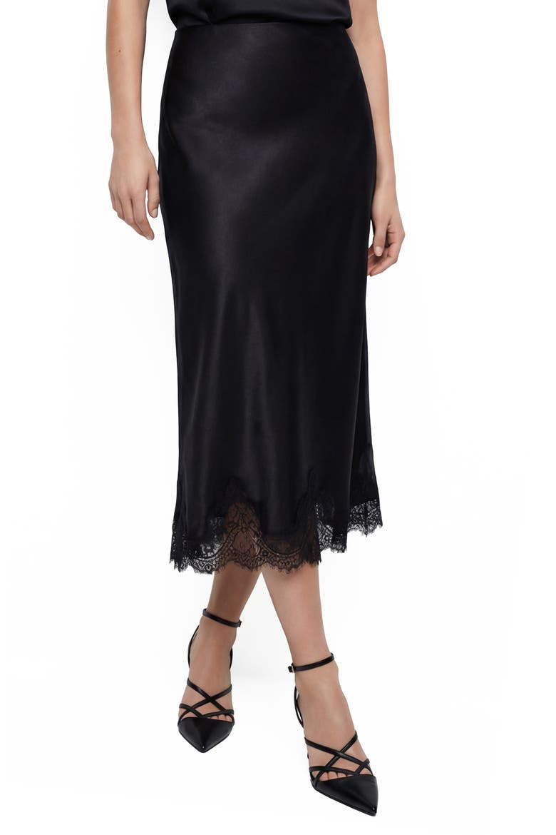 Marisa Bias Cut Lace Trim Satin Skirt, Main, color, BLACK/ BLACK