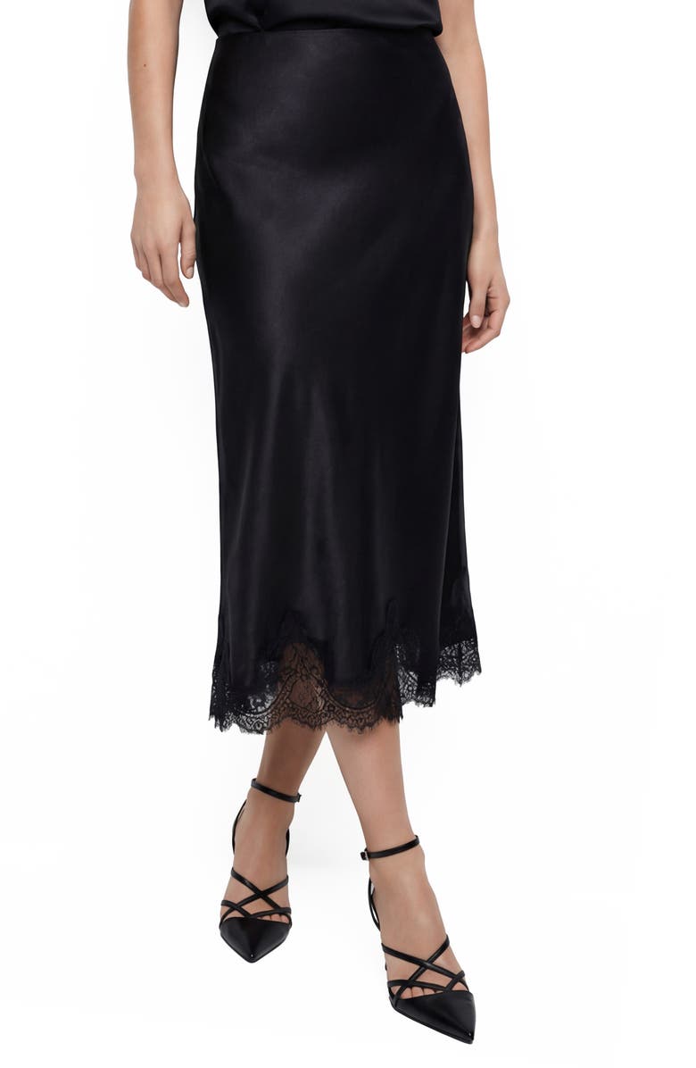 Love By Design Marisa Bias Cut Lace Trim Satin Skirt, Main, color, Black/ Black