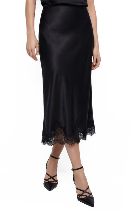 Marisa Bias Cut Lace Trim Satin Skirt