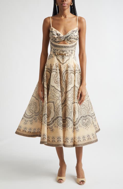 Kindred Spirit Luna Paisley Print Twist Linen & Silk Midi Dress