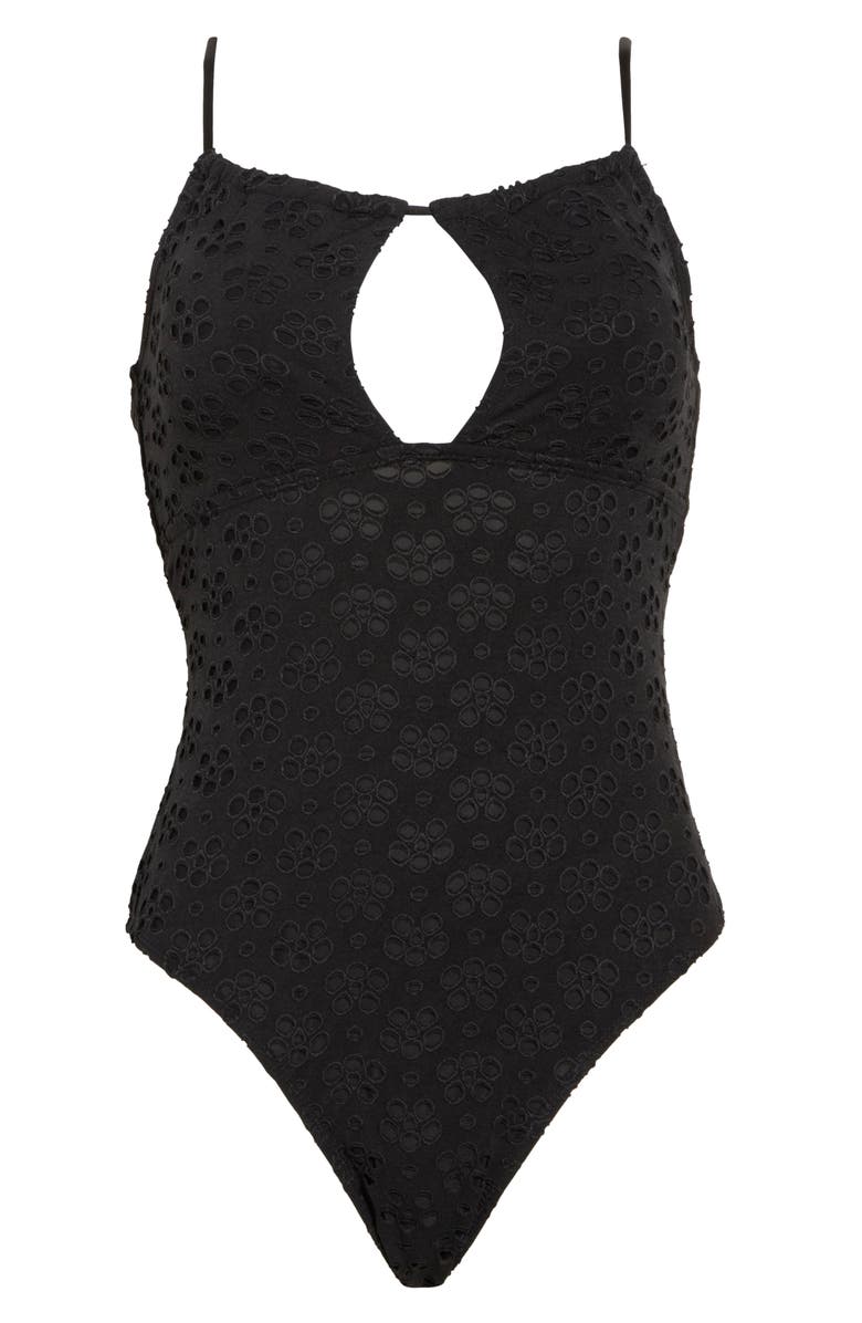 Betsey Johnson Eyelet Cutout One-Piece Swimsuit, Alternate, color, Black