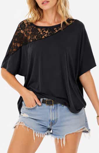 Asymmetrical Lace Drop Shoulder T-Shirt