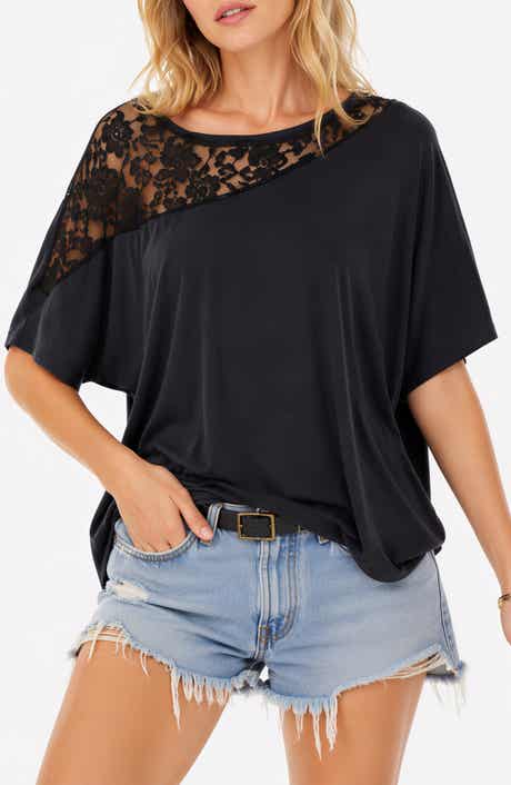 Asymmetrical Lace Drop Shoulder T-Shirt