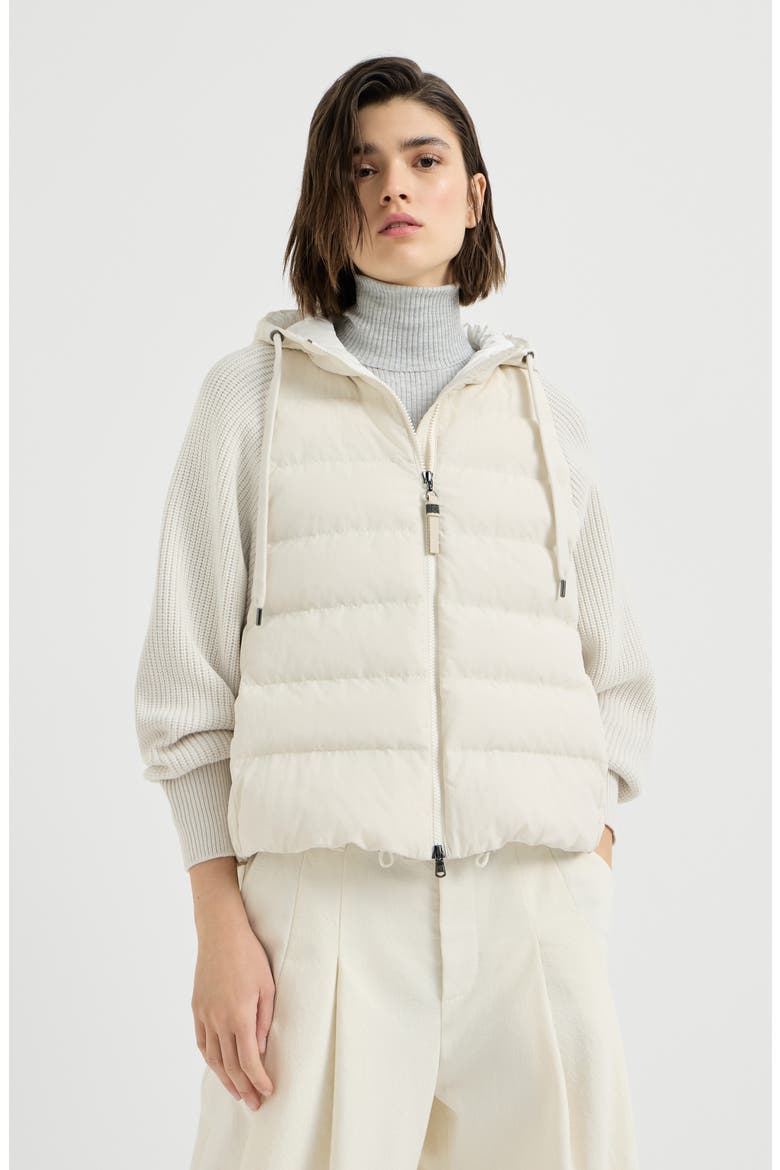Water-resistant matte nylon hooded down jacket with knit sleeves and monili, Main, color, White