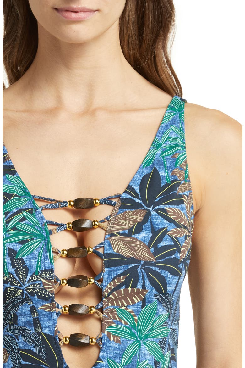 Plunge Neck One-Piece Swimsuit, Alternate, color, NAVY MULTI