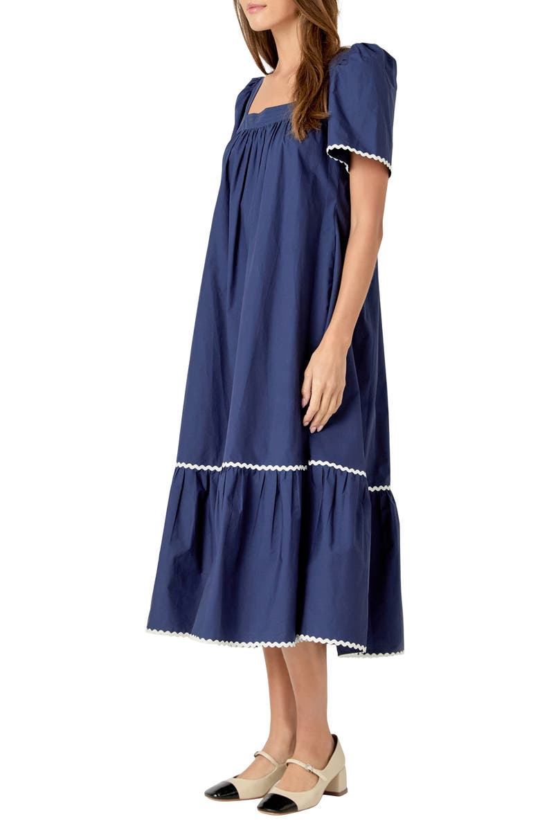 English Factory Rickrack Trim Midi Dress, Alternate, color, Navy
