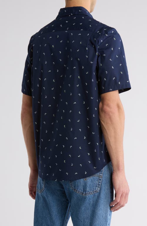 14th & Union Sailboat Print Short Sleeve Cotton Stretch Poplin Button-up Shirt In Blue