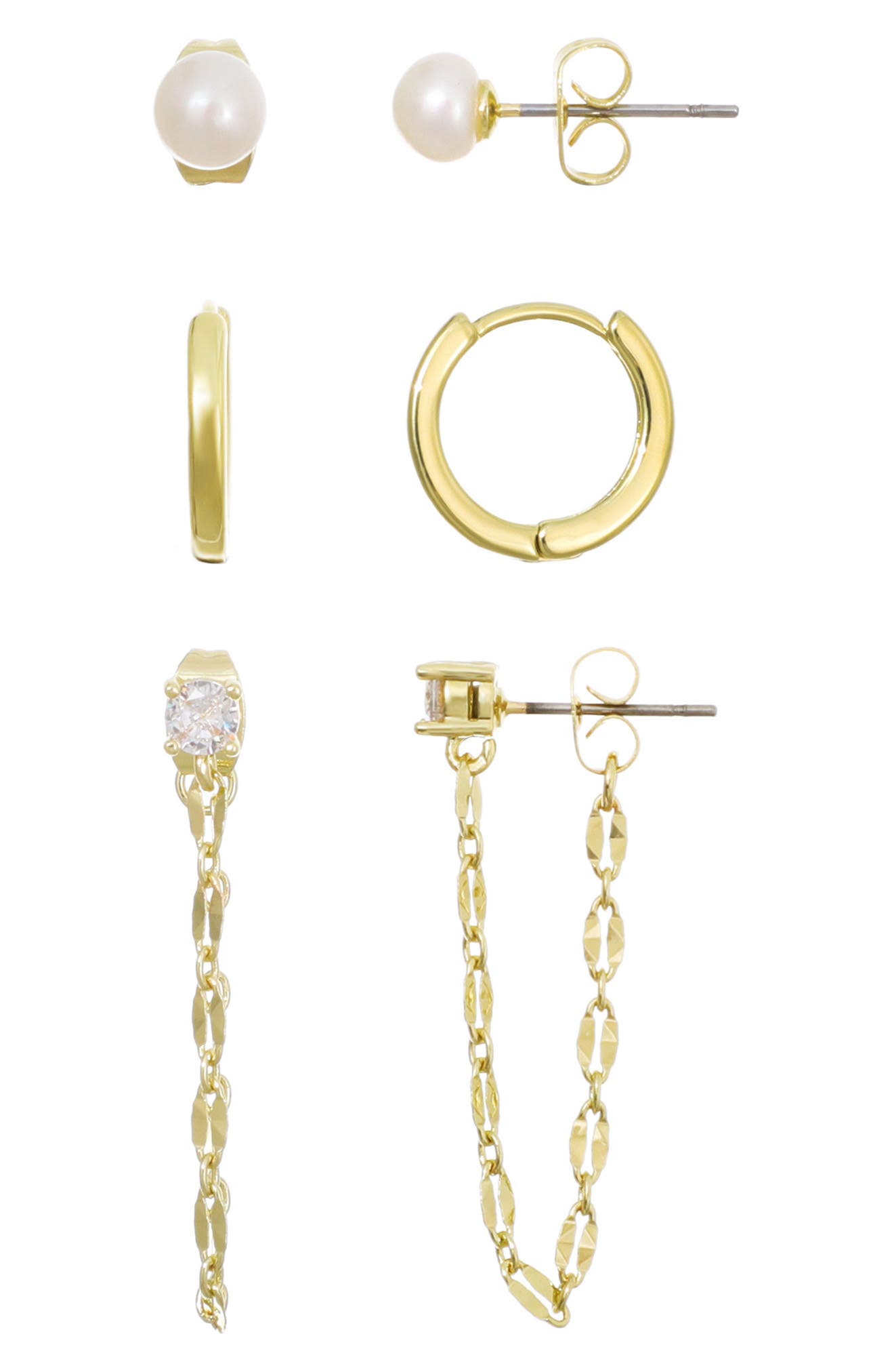 Adornia 14K Gold Plated Faux Pearl Stud, Huggie Hoop & Front/Back Earrings