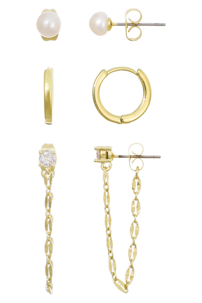 14K Gold Plated Freshwater Pearl Stud, Huggie Hoop & Front/Back Earrings, Main, color, GOLD/ WHITE