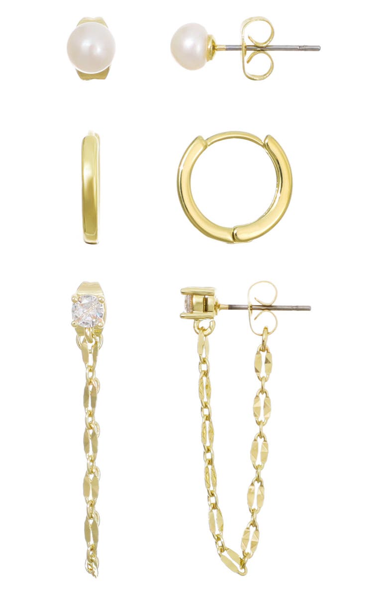 Adornia 14K Gold Plated Faux Pearl Stud, Huggie Hoop & Front/Back Earrings, Main, color, Gold/ White