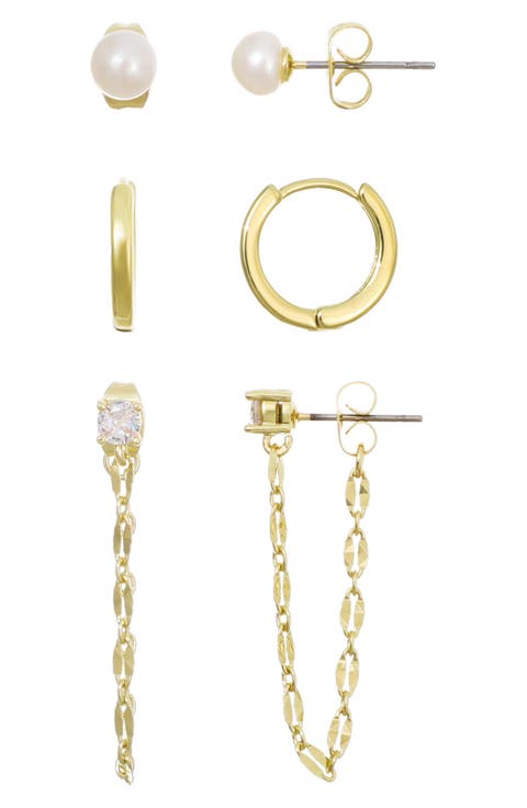14K Gold Plated Faux Pearl Stud, Huggie Hoop & Front/Back Earrings