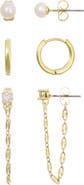 Adornia 14K Gold Plated Faux Pearl Stud, Huggie Hoop & Front/Back Earrings