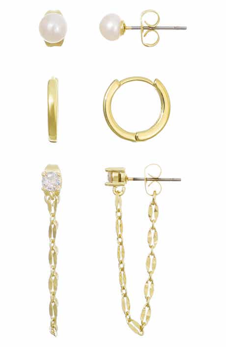 Adornia 14K Gold Plated Faux Pearl Stud, Huggie Hoop & Front/Back Earrings