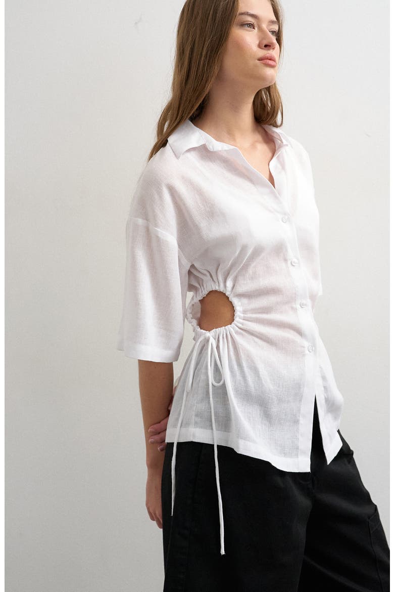 Drawstring Cutout Button-Up Top, Main, color, WHITE