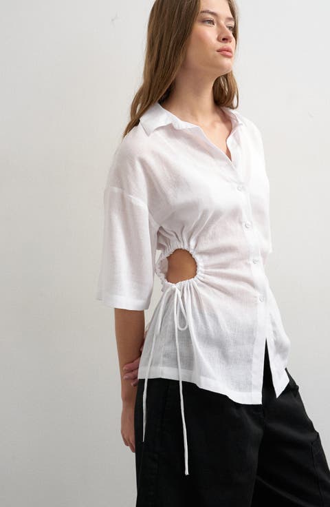 Drawstring Cutout Button-Up Top