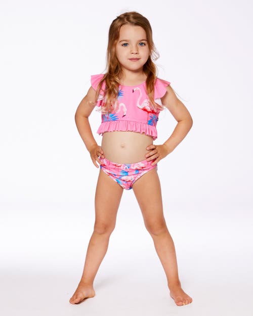 Deux Par Deux Little Girl's Printed Two-piece Swimsuit With Frills Candy Pink And Pink Flamingo In Candy Pink And Pink Flamingo