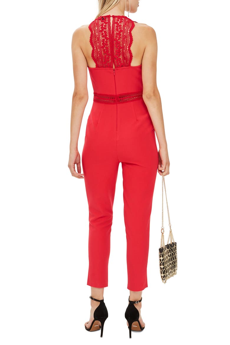 Saskia Lace Trim Jumpsuit, Alternate, color, RED