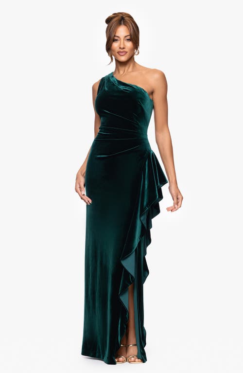 Xscape Evenings One-shoulder Ruffle Stretch Velvet Gown In Green