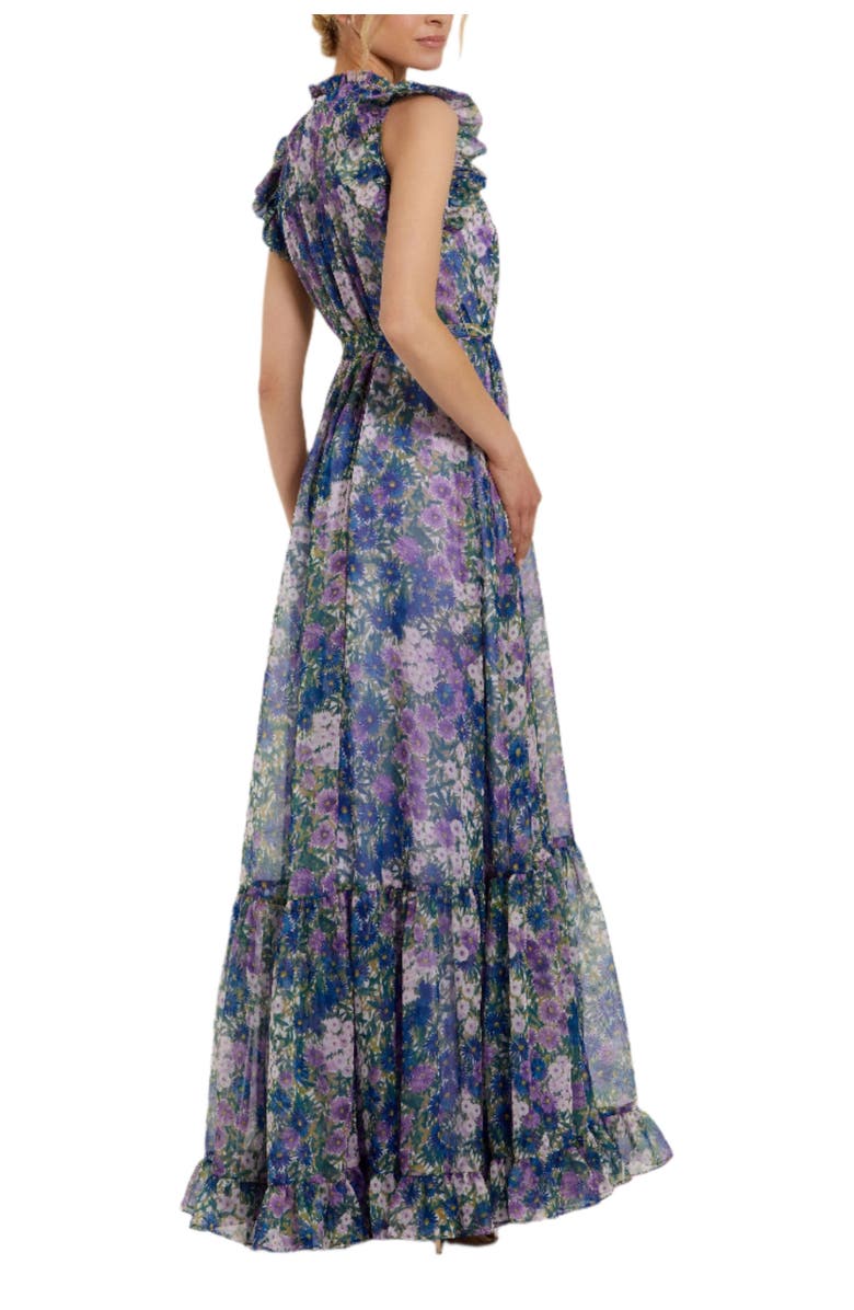 Mac Duggal Belted Floral Chiffon Ruffle Sleeve Gown, Alternate, color, Lilac Multi