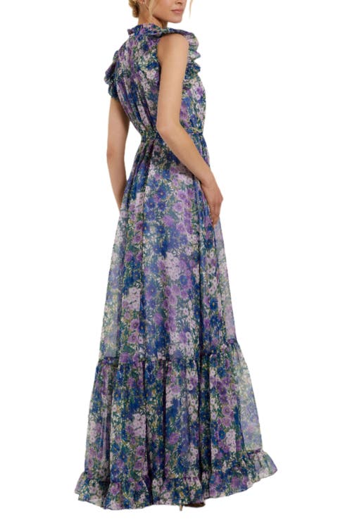 Mac Duggal Belted Floral Chiffon Ruffle Sleeve Gown In Lilac Multi