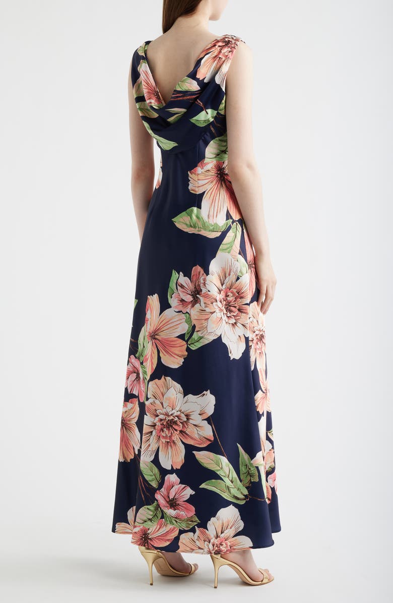 Eliza J Floral Cowl Neck Satin Gown, Alternate, color, Navy