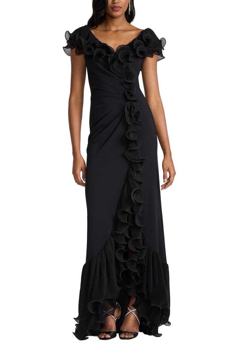 Pleated Ruffle Gown, Main, color, BLACK