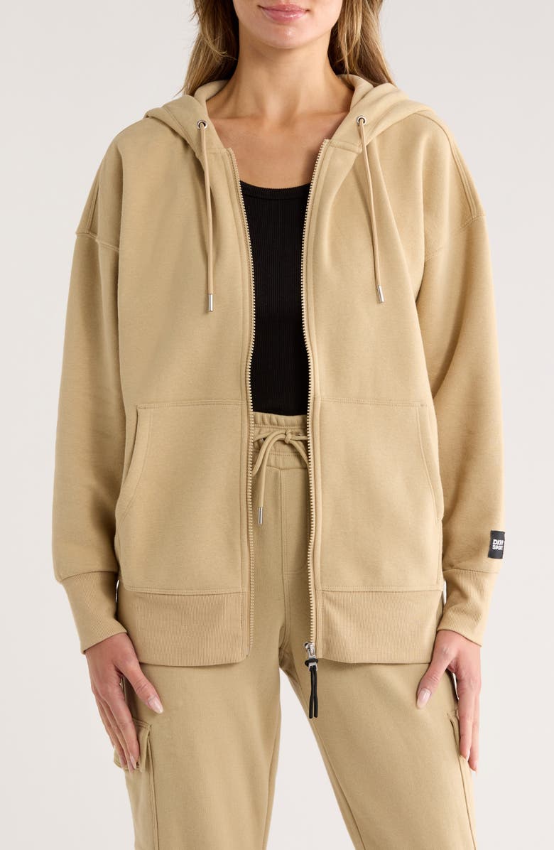 DKNY Oversize Fleece Full-Zip Hoodie, Main, color, Travertine